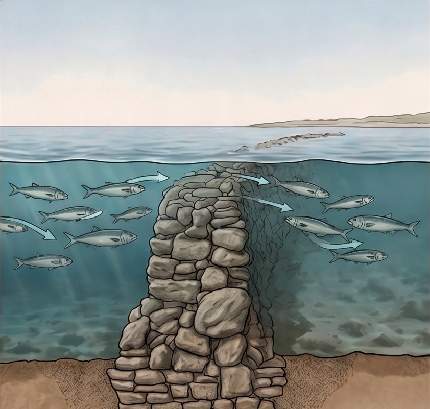 At high tide the water covers the stone wall of the corral and fish swim in over the top