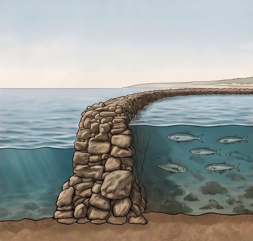 As the tide falls the sea drops away and the wall retains the water with the fish inside
