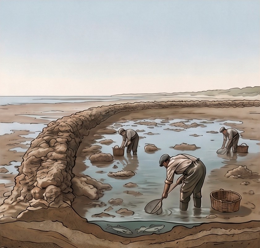 At low tide the corraleros gather the catch on foot inside the corral